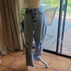 Old Navy Higher High-Rise Distressed Blue Jeans with button fly.